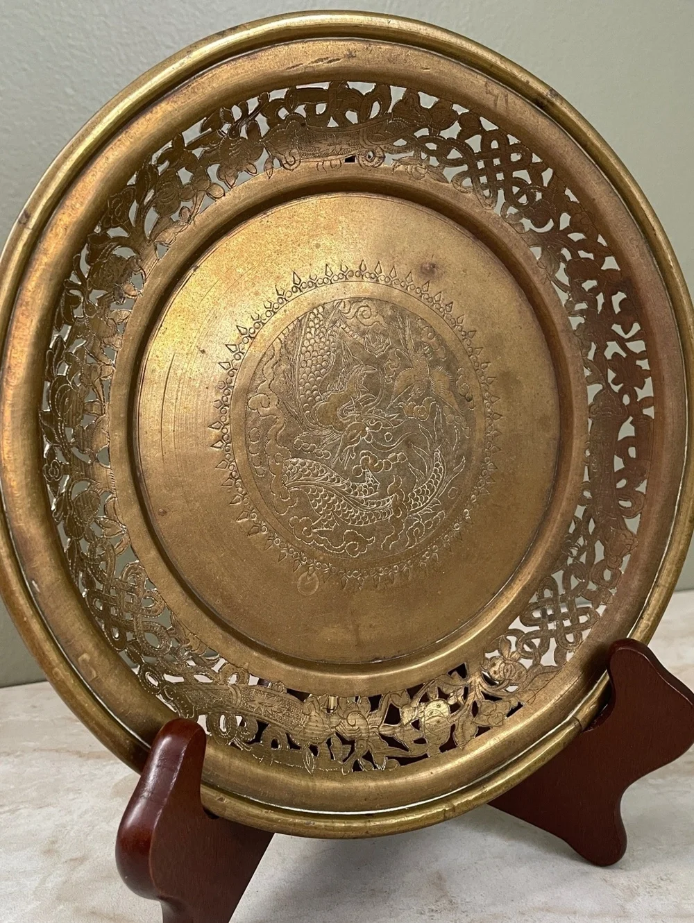 Vintage Solid Brass Dragon Decorative Plate | Engraved Pierced Openwork Rim